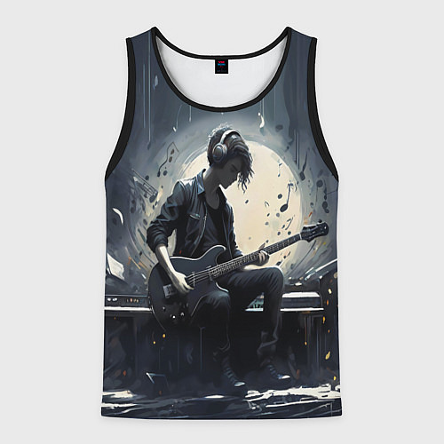 Мужская майка без рукавов Играющий на гитаре в свете Луны музыкант / 3D-Черный – фото 1