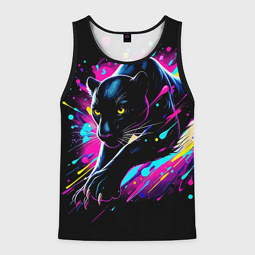 Мужская майка без рукавов Мощная пантера прыгает - нейросеть / 3D-Черный – фото 1