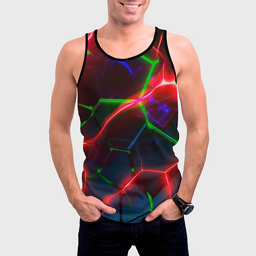 Мужская майка без рукавов Неоновые яркие зеленые плиты с красным светом / 3D-Черный – фото 3
