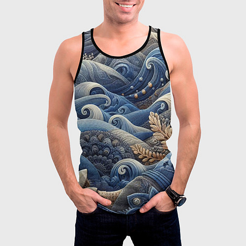 Мужская майка без рукавов Джинсовые волны - нейросеть / 3D-Черный – фото 3