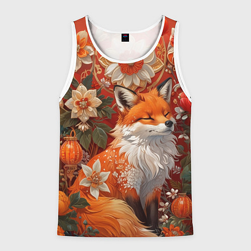 Мужская майка без рукавов Умилительный лисёнок в цветах / 3D-Белый – фото 1