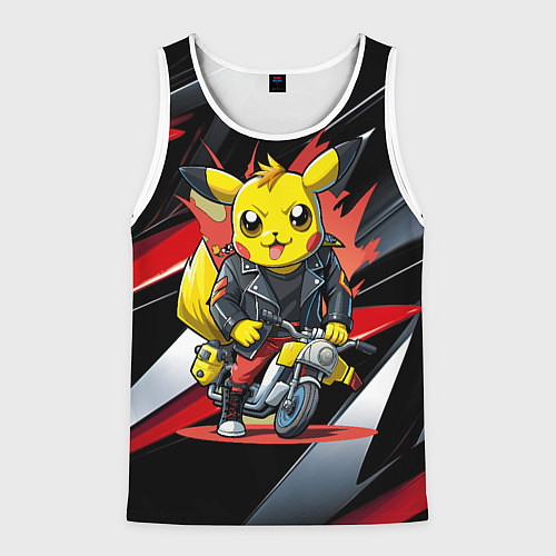 Мужская майка без рукавов Пикачу байкер на мотоцикле / 3D-Белый – фото 1