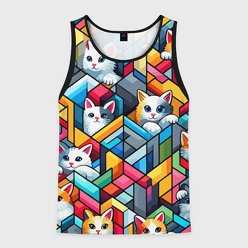 Мужская майка без рукавов Геометрический паттерн с котятами - нейросеть / 3D-Черный – фото 1