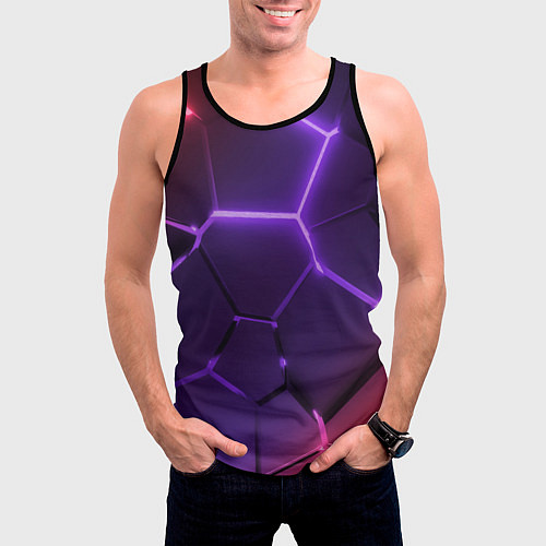 Мужская майка без рукавов Красно-фиолетовые неоновые плиты в разломе / 3D-Черный – фото 3