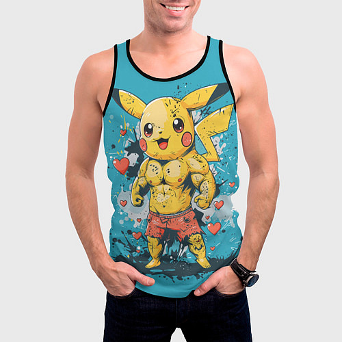 Мужская майка без рукавов Мускулистый Пикачу в шортах / 3D-Черный – фото 3