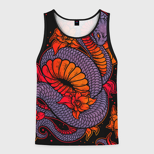 Мужская майка без рукавов Цветы и змея - Японский стиль / 3D-Черный – фото 1
