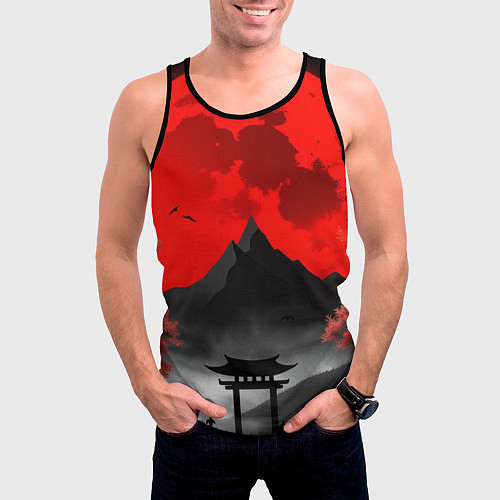 Мужская майка без рукавов Черная гора Японии на закате / 3D-Черный – фото 3