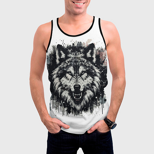 Мужская майка без рукавов Гранж - Портрет волка: голова / 3D-Черный – фото 3