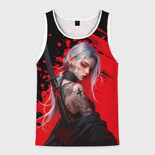 Мужская майка без рукавов Татуированная девушка аниме с катаной / 3D-Белый – фото 1