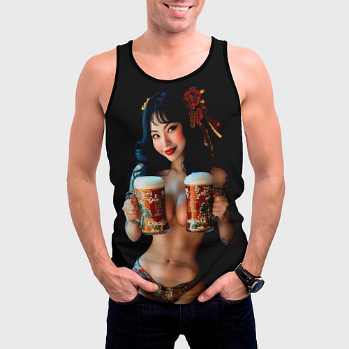 Мужская майка без рукавов Китайское пиво - подача топлес / 3D-Черный – фото 3