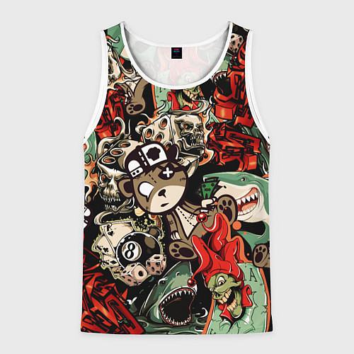 Мужская майка без рукавов Граффити плюшевого медведя среди акул азарта / 3D-Белый – фото 1