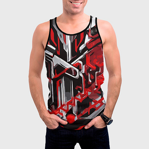 Мужская майка без рукавов Красно-белая агрессивная абстракция на чёрном фоне / 3D-Черный – фото 3