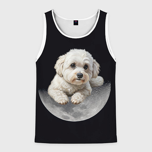Мужская майка без рукавов Бишон фризе и луна / 3D-Белый – фото 1