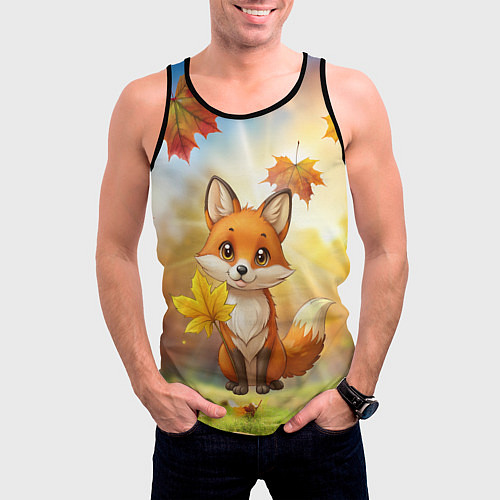 Мужская майка без рукавов Рыжая лисичка осенью / 3D-Черный – фото 3