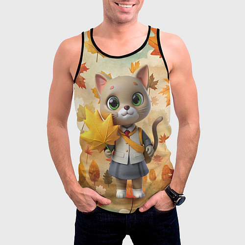 Мужская майка без рукавов Кошечка школьница / 3D-Черный – фото 3