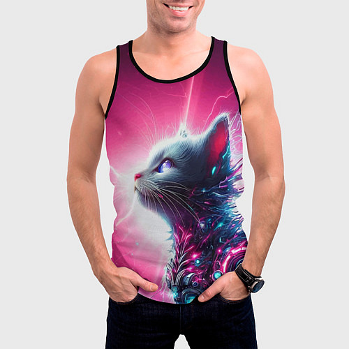 Мужская майка без рукавов Космический кибер котёнок - неоновое свечение / 3D-Черный – фото 3