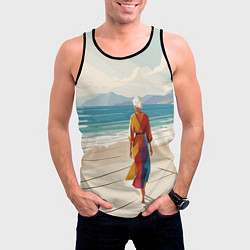 Майка-безрукавка мужская Летний пейзаж с женщиной на пляже, цвет: 3D-черный — фото 2