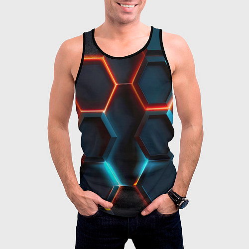Мужская майка без рукавов Неоновые темно синие соты / 3D-Черный – фото 3