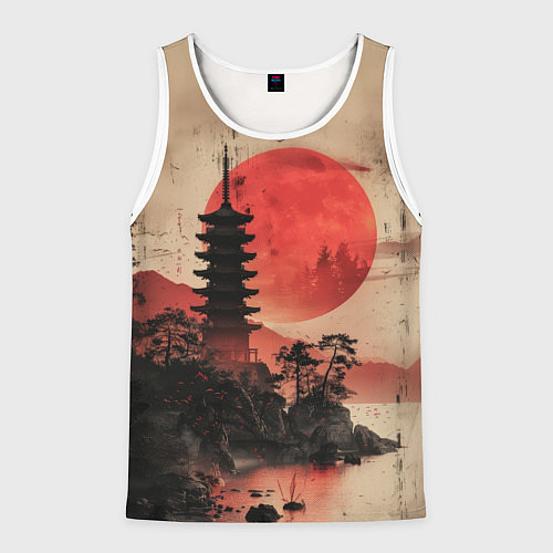 Мужская майка без рукавов Башня на фоне алого заката - Япония / 3D-Белый – фото 1