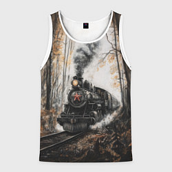 Майка-безрукавка мужская Паровоз со звездой в осеннем лесу, цвет: 3D-белый
