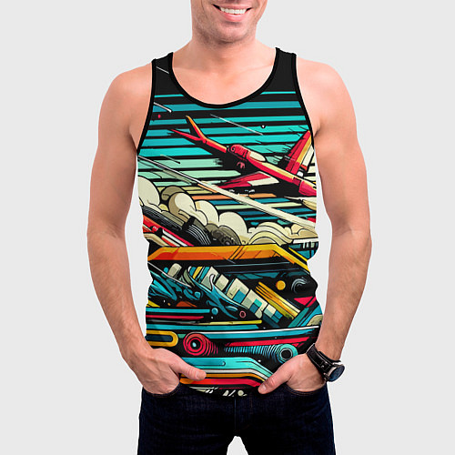 Мужская майка без рукавов Абстракция с красным самолётом - нейроарт / 3D-Черный – фото 3