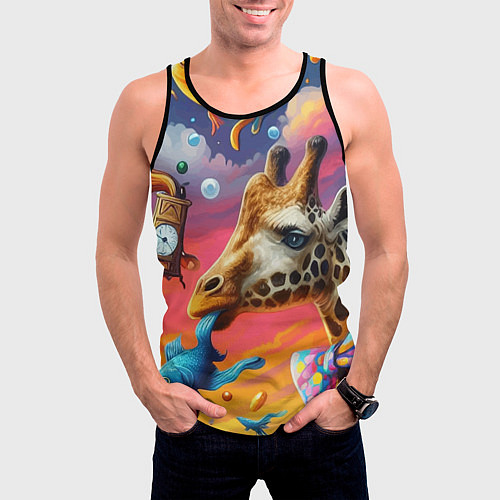 Мужская майка без рукавов Жираф в бабочке держит во рту рыбу - сюрреализм / 3D-Черный – фото 3