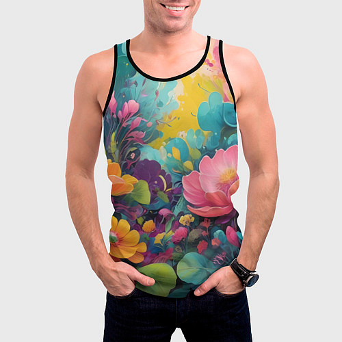 Мужская майка без рукавов Лето красочные цветы / 3D-Черный – фото 3