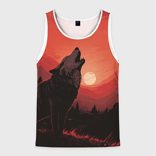 Мужская майка без рукавов Волк воет на луну / 3D-Белый – фото 1