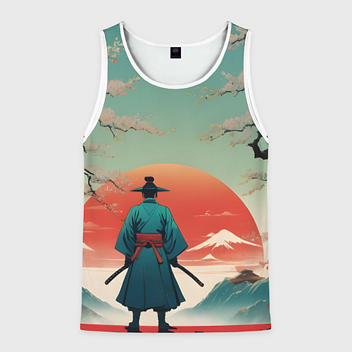 Мужская майка без рукавов Яркий самурай на закате / 3D-Белый – фото 1
