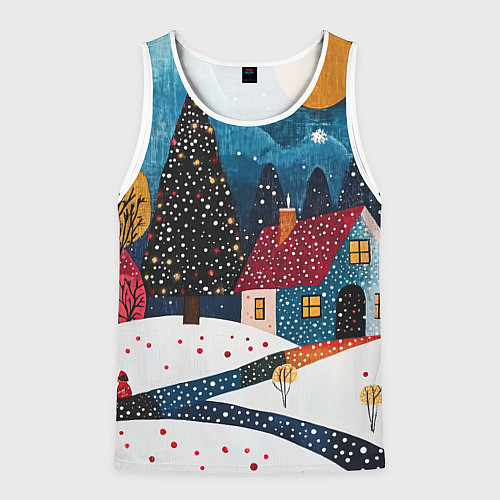 Мужская майка без рукавов Новогодняя ночь пейзаж / 3D-Белый – фото 1