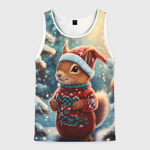 Мужская майка без рукавов Новогодняя белочка в лесу / 3D-Белый – фото 1