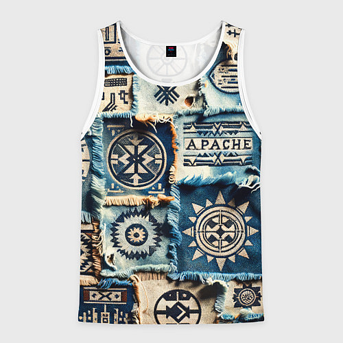 Мужская майка без рукавов Символы Апачи на пэчворк дениме / 3D-Белый – фото 1