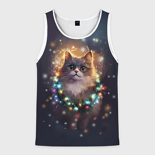 Мужская майка без рукавов Уютный котик - Новый год / 3D-Белый – фото 1