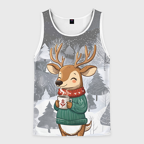 Мужская майка без рукавов Олень с кофе в лесу / 3D-Белый – фото 1
