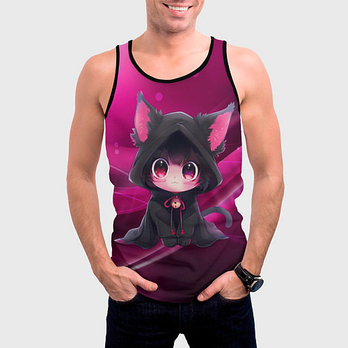 Мужская майка без рукавов Куроми - милый котёнок в капюшоне / 3D-Черный – фото 3