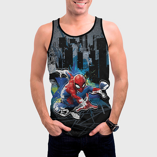 Мужская майка без рукавов Spider-man over the city / 3D-Черный – фото 3