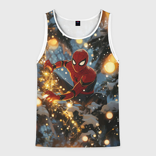 Мужская майка без рукавов Spiderman на новогодней елке / 3D-Белый – фото 1