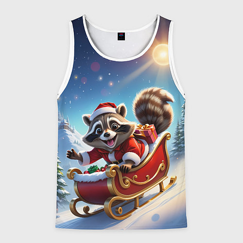 Мужская майка без рукавов Енот на санях / 3D-Белый – фото 1