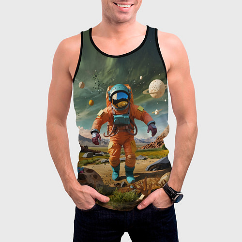 Мужская майка без рукавов Космонавт в оранжевом костюме / 3D-Черный – фото 3