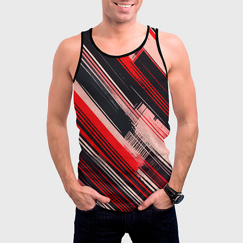 Мужская майка без рукавов Красные диагональные полосы на чёрном фоне / 3D-Черный – фото 3