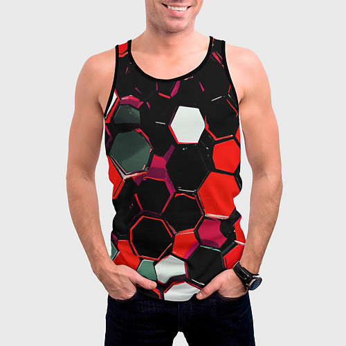 Мужская майка без рукавов Красно-белые шестиугольники на чёрном фоне / 3D-Черный – фото 3