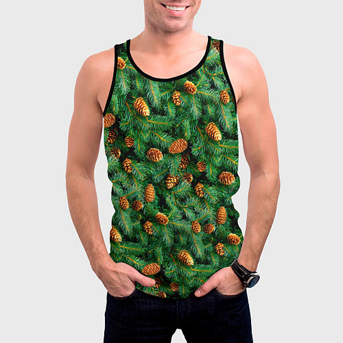Мужская майка без рукавов Ёлка зелёная с шишками / 3D-Черный – фото 3
