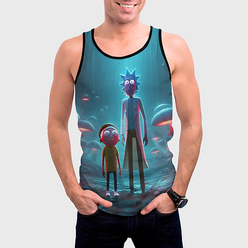 Мужская майка без рукавов Морти и Рик в сказочном неоновом грибном лесу / 3D-Черный – фото 3