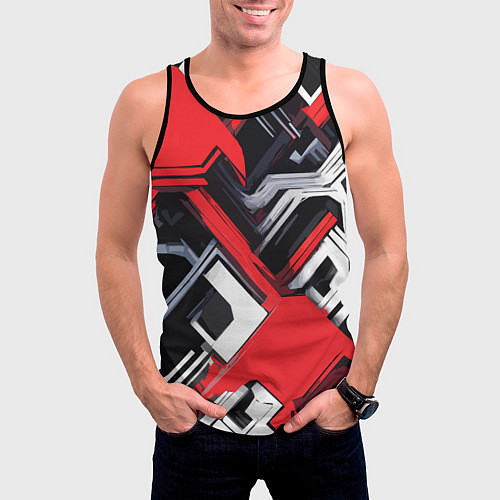 Мужская майка без рукавов Красно-белый техно паттерн / 3D-Черный – фото 3