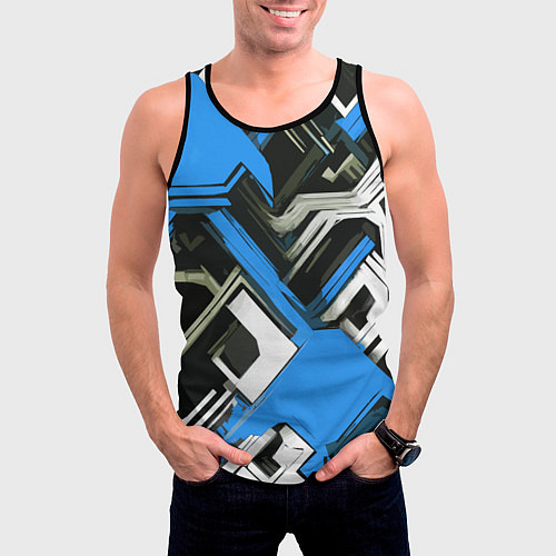 Мужская майка без рукавов Сине-белый техно паттерн на чёрном фоне / 3D-Черный – фото 3