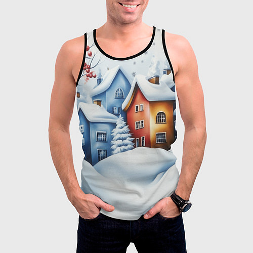 Мужская майка без рукавов Зимний новогодний городской пейзаж / 3D-Черный – фото 3