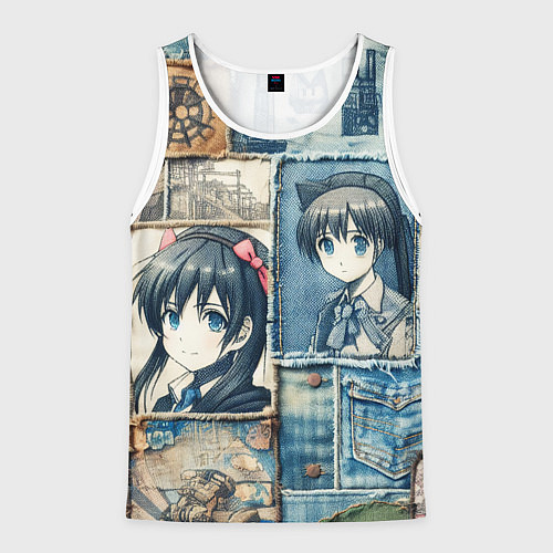 Мужская майка без рукавов Пэчворк деним и аниме / 3D-Белый – фото 1