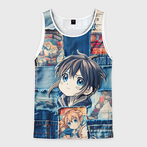 Мужская майка без рукавов Девочка аниме на пэчворк / 3D-Белый – фото 1
