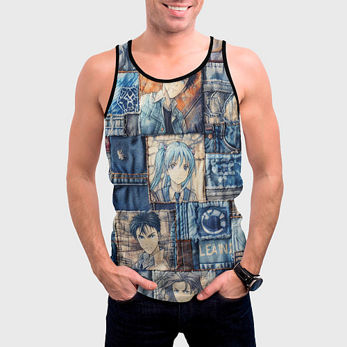 Мужская майка без рукавов Аниме деним-пэчворк / 3D-Черный – фото 3