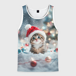 Мужская майка без рукавов Маленький котенок и елочные игрушки